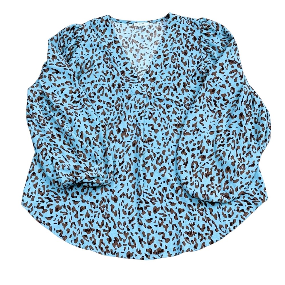 JODIFL Leopard Print V-Neck Puff Sleeve Blouse Women S Blue Contemporary Chic